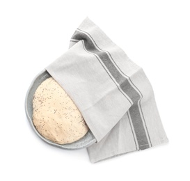 Plate and raw dough with poppy seeds under towel on white background, top view