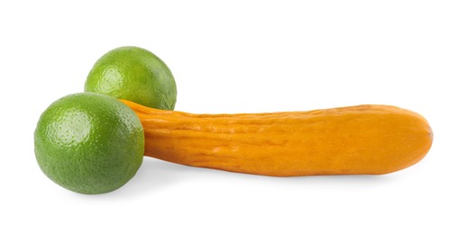 Photo of Zucchini and limes symbolizing male genitals on white background. Potency concept