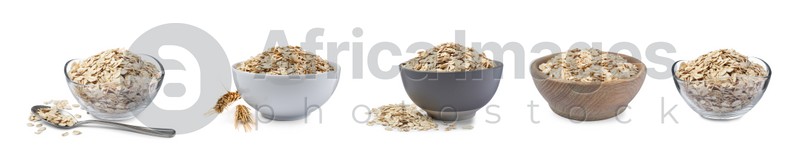 Set with uncooked oatmeal on white background. Banner design