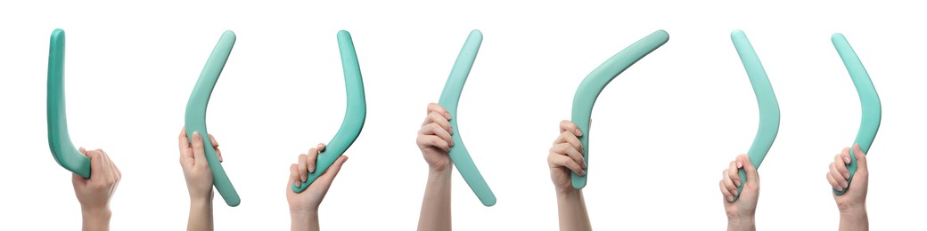Collage with photos of women holding turquoise boomerangs on white background, closeup. Banner design