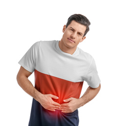 Man suffering from abdominal pain on white background