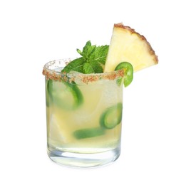 Spicy pineapple cocktail with jalapeno and mint isolated on white
