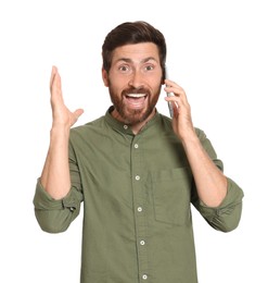 Emotional man talking on phone against white background