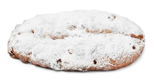 Delicious Stollen sprinkled with powdered sugar isolated on white