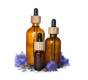 Bottles of essential oil and cornflowers on white background