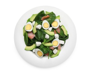Delicious salad with boiled eggs, feta cheese and salmon isolated on white, top view