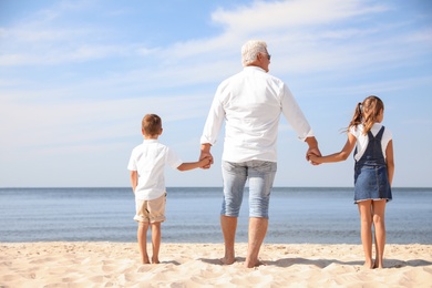 Cute little children with grandfather spending time together on sea beach, back view