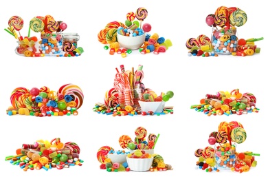 Image of Set of different delicious candies on white background