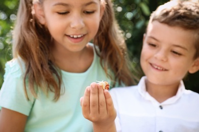 Kids playing with cute snail outdoors, focus on hand. Children spending time in nature