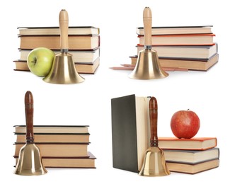 Set with school bells and books on white background