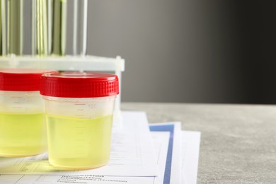 Containers with urine sample for analysis and test form on grey table in laboratory, space for text