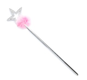 Beautiful silver magic wand with feather isolated on white, top view