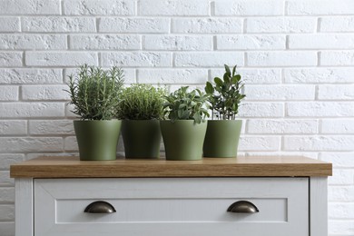 Different aromatic potted herbs on chest of drawers near white brick wall