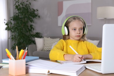 Cute little girl with modern laptop studying online at home, space for text. E-learning