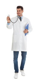 Portrait of doctor with clipboard and stethoscope on white background