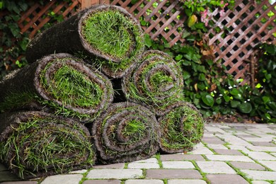 Rolls of sod with grass on backyard