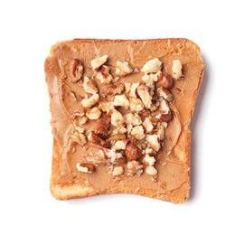 Delicious toast with peanut butter and crushed nuts isolated on white, top view
