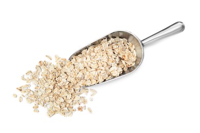 Oatmeal and metal scoop on white background, top view