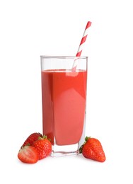 Photo of Glass of tasty strawberry smoothie and fresh fruits on white background