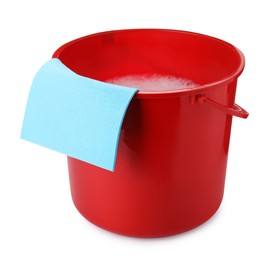 Red bucket with detergent and rag isolated on white