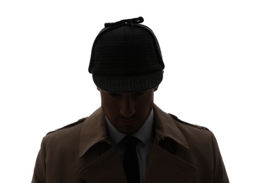 Photo of Old fashioned detective in hat on white background