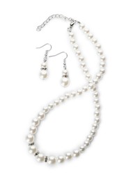 Elegant pearl necklace and earrings on white background, top view