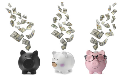 Money falling into different piggy banks on white background 