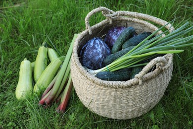 Photo of Tasty vegetables with wicker basket on green grass