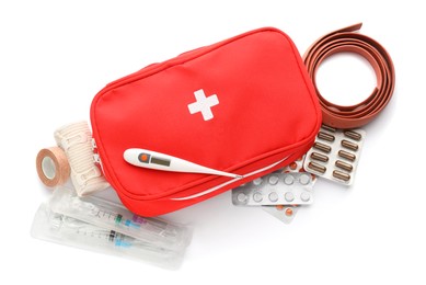 First aid kit on white background, top view. Health care