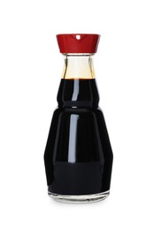 Bottle of tasty soy sauce isolated on white