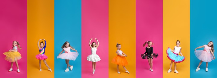 Image of Collage with photos of cute little girls dancing on different color backgrounds. Banner design