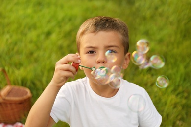 Little boy with soap bubbles in park. Summer picnic