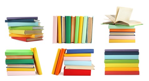 Collection of different hardcover books on white background