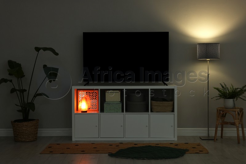 Photo of Modern TV on cabinet, lamp and beautiful houseplants near light wall indoors. Interior design