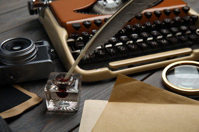 Composition with vintage detective items on grey wooden table, closeup