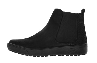 Stylish black shoe isolated on white. Trendy footwear
