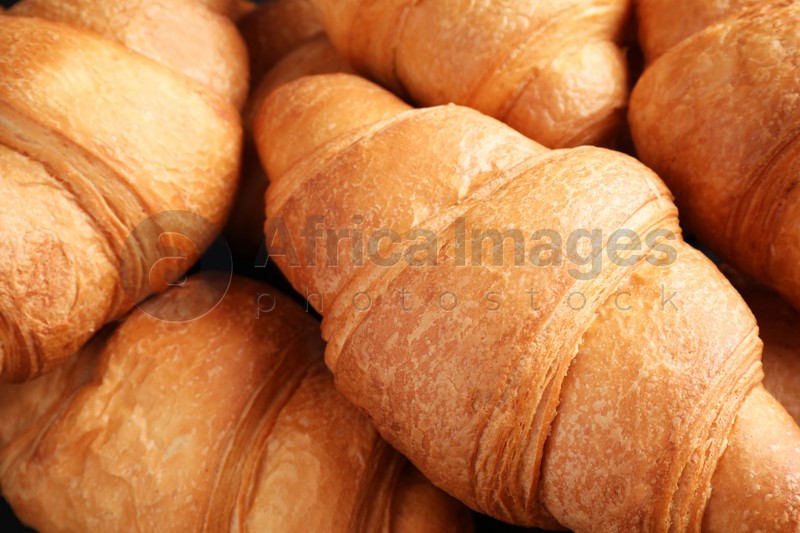 Tasty fresh croissants as background, closeup view