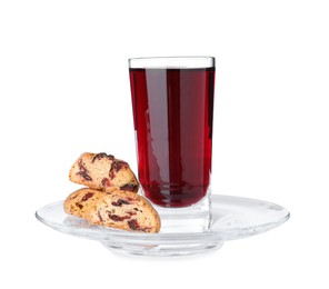 Photo of Tasty cantucci with berries and glass of liqueur on white background. Traditional Italian almond biscuits