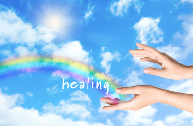 Woman and rainbow as source of healing energy on sunny day, closeup