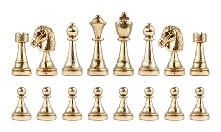 Set with golden chess pieces on white background