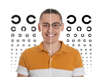 Collage with photos of man with and without glasses and eye charts on white background. Visual acuity testing