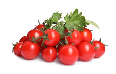 Fresh ripe cherry tomatoes with leaves on white background