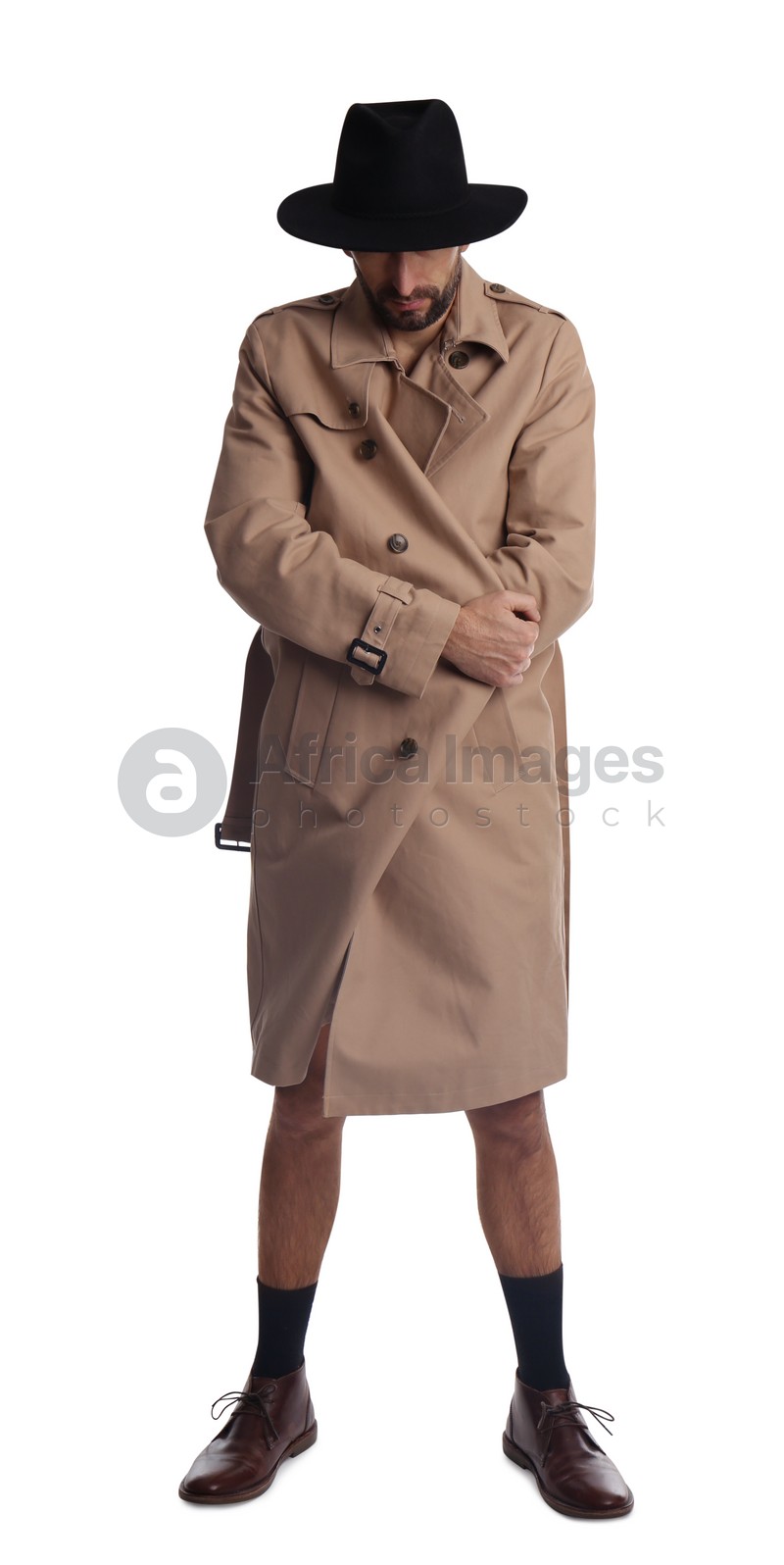 Exhibitionist in coat and hat isolated on white