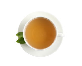 Cup of green tea and leaves isolated on white, top view
