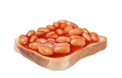 Delicious bread slice with baked beans isolated on white
