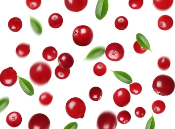 Image of Fresh red cranberries falling on white background
