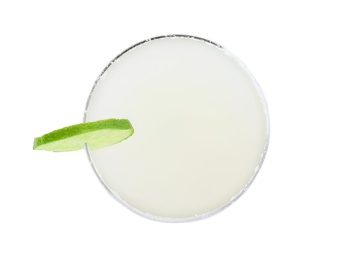 Photo of Glass of Margarita cocktail on white background, top view. Traditional alcoholic drink