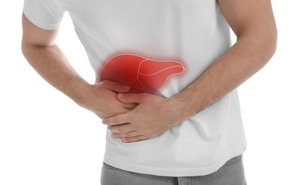 Man suffering from liver pain on white background, closeup