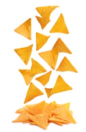 Image of Tasty tortilla chips (nachos) falling into pile on white background