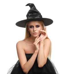 Photo of Witch in black hat isolated on white. Scary fantasy character